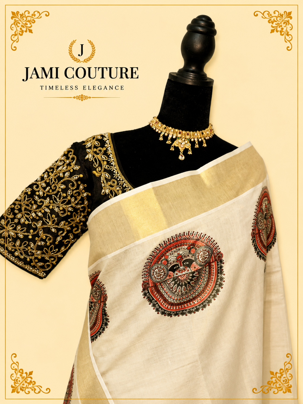 Cream & Gold Kerala Tissue Silk Saree with Kathakali Motifs & Zari Border | Premium Traditional Saree