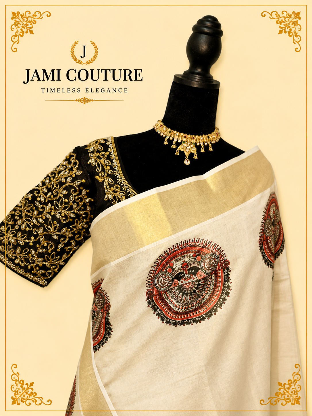 Cream & Gold Kerala Tissue Silk Saree with Kathakali Motifs & Zari Border | Premium Traditional Saree