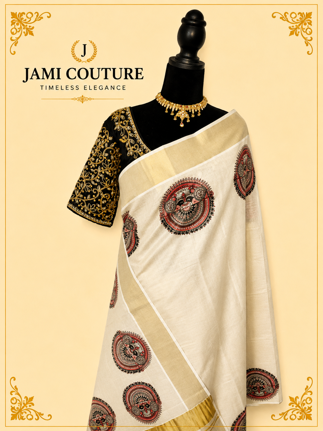 Cream & Gold Kerala Tissue Silk Saree with Kathakali Motifs & Zari Border | Premium Traditional Saree