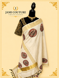 Cream & Gold Kerala Tissue Silk Saree with Kathakali Motifs & Zari Border | Premium Traditional Saree
