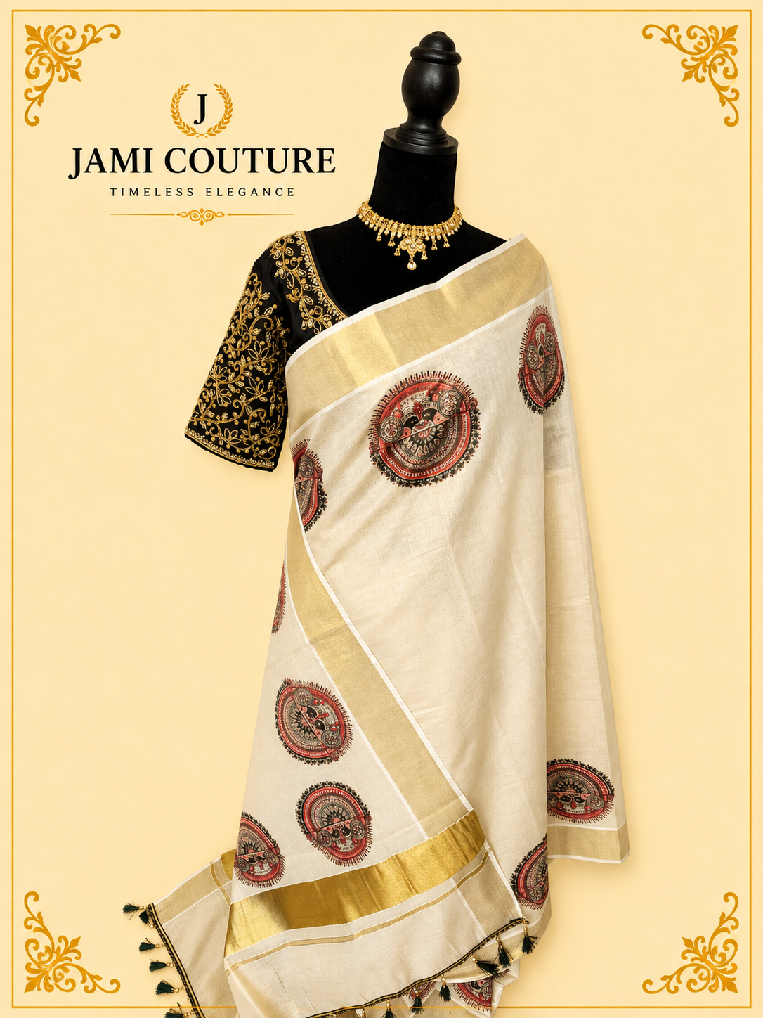 Cream & Gold Kerala Tissue Silk Saree with Kathakali Motifs & Zari Border | Premium Traditional Saree