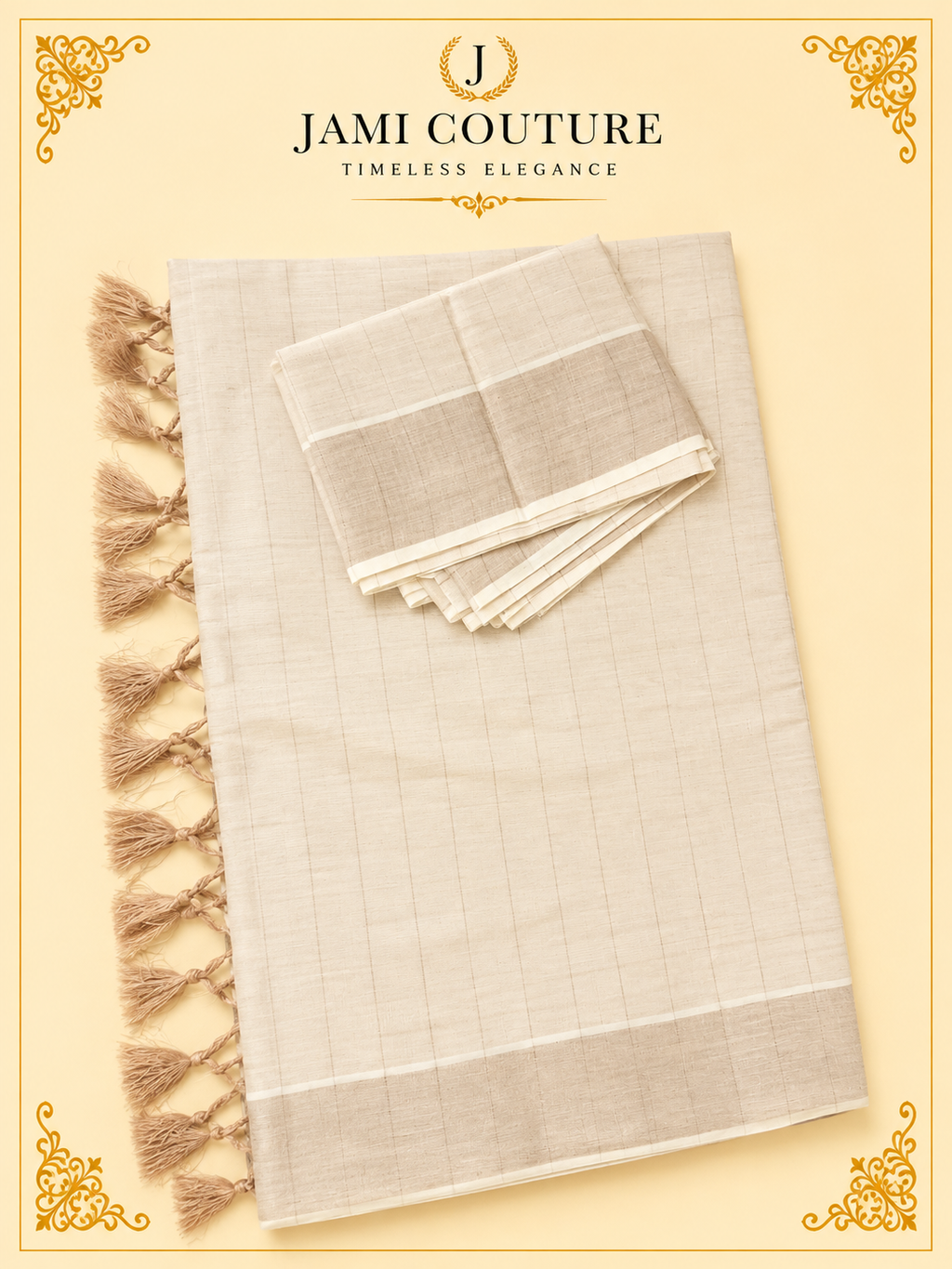 Ivory & Copper Zari Checked Premium Tissue Silk Saree with Tasseled Pallu | Traditional Handloom Saree