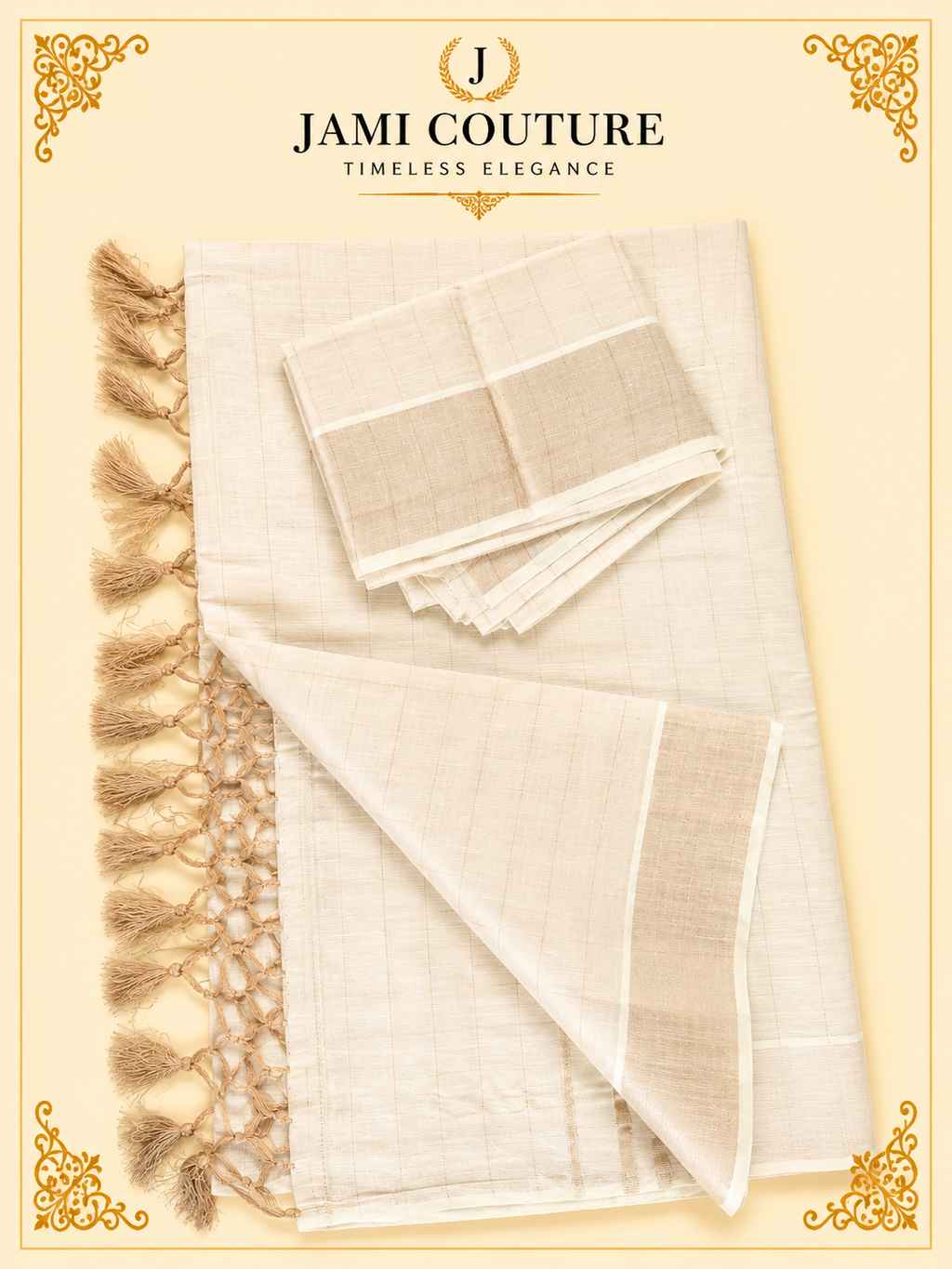 Ivory & Copper Zari Checked Premium Tissue Silk Saree with Tasseled Pallu | Traditional Handloom Saree
