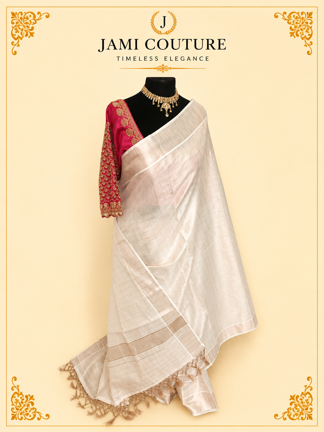 Ivory & Copper Zari Checked Premium Tissue Silk Saree with Tasseled Pallu | Traditional Handloom Saree