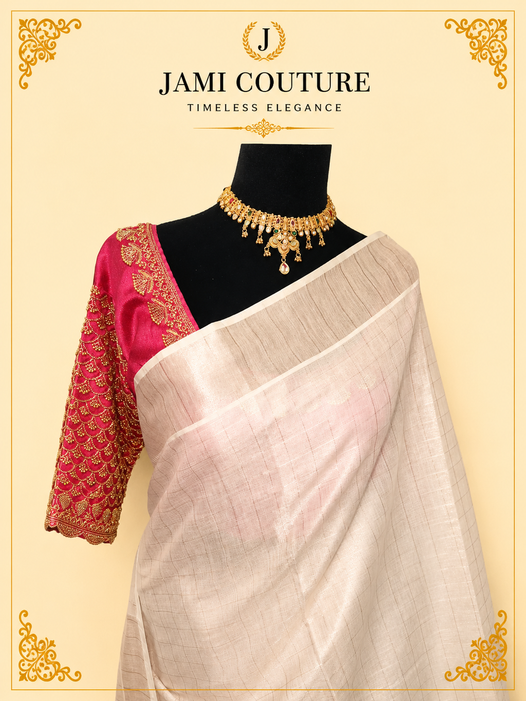 Ivory & Copper Zari Checked Premium Tissue Silk Saree with Tasseled Pallu | Traditional Handloom Saree