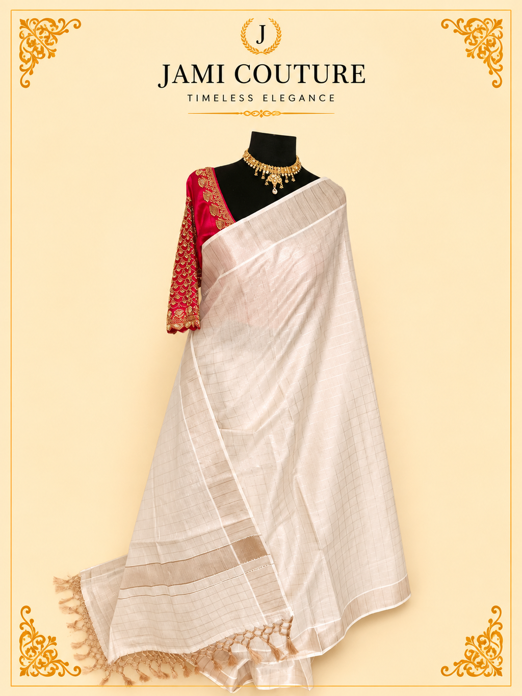 Ivory & Copper Zari Checked Premium Tissue Silk Saree with Tasseled Pallu | Traditional Handloom Saree