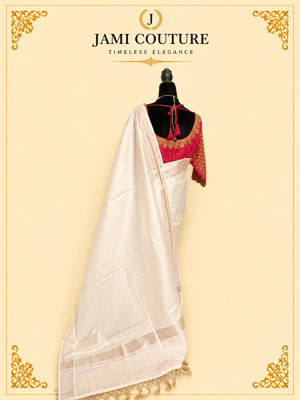 Ivory & Copper Zari Checked Premium Tissue Silk Saree with Tasseled Pallu | Traditional Handloom Saree
