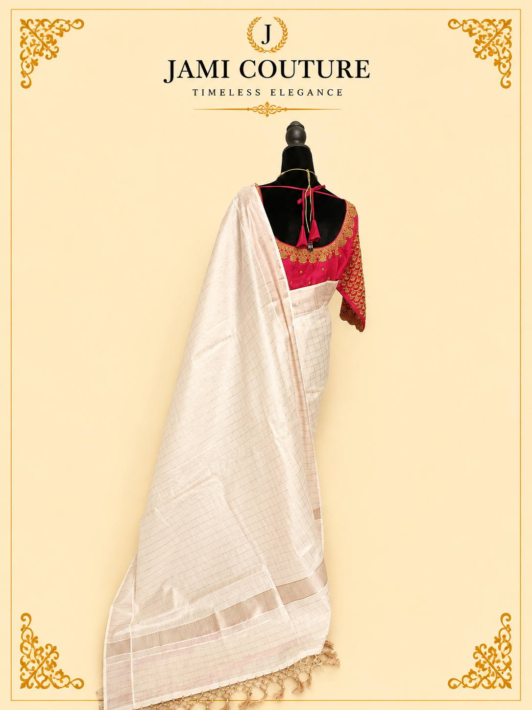 Ivory & Copper Zari Checked Premium Tissue Silk Saree with Tasseled Pallu | Traditional Handloom Saree