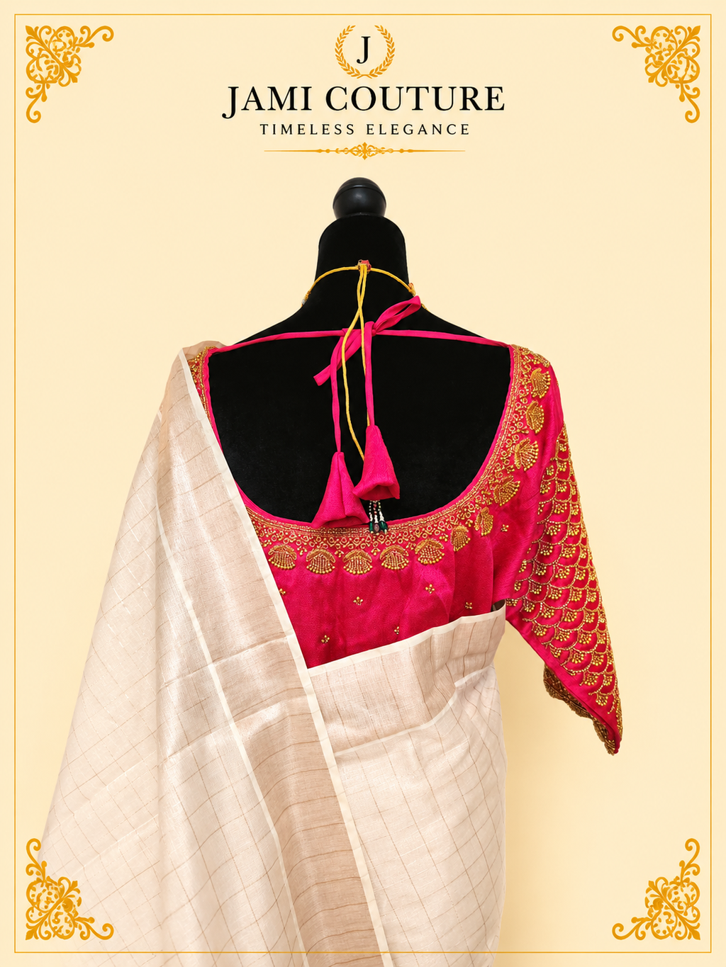 Ivory & Copper Zari Checked Premium Tissue Silk Saree with Tasseled Pallu | Traditional Handloom Saree