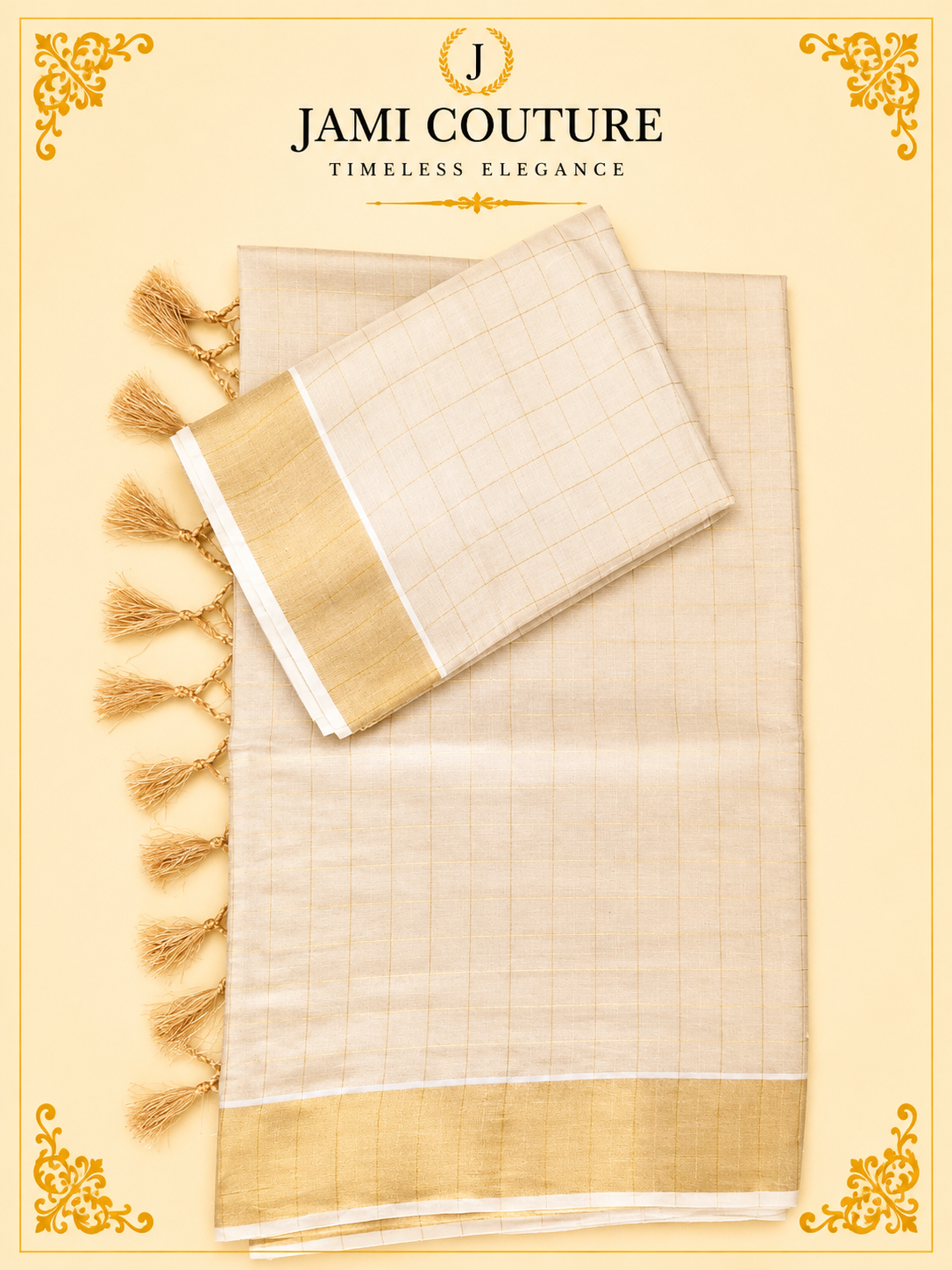 Cream & Gold Kerala Tissue Silk Saree with Zari Checks & Wide Golden Border | Premium Traditional Saree