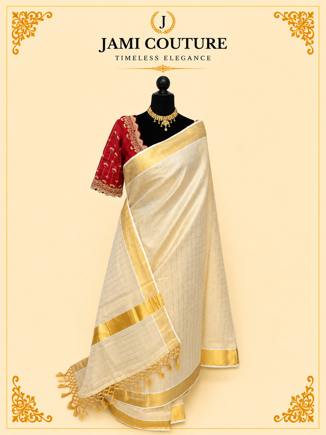 Cream & Gold Kerala Tissue Silk Saree with Zari Checks & Wide Golden Border | Premium Traditional Saree