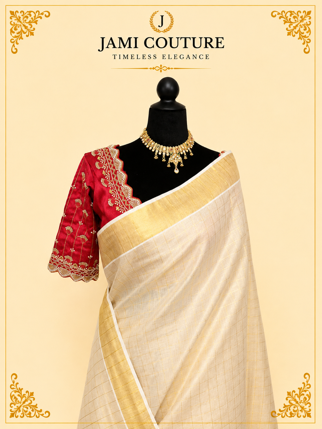 Cream & Gold Kerala Tissue Silk Saree with Zari Checks & Wide Golden Border | Premium Traditional Saree