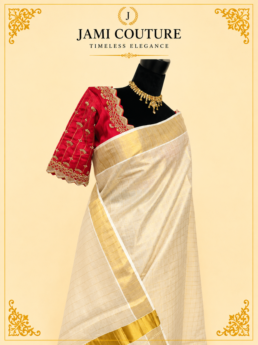 Cream & Gold Kerala Tissue Silk Saree with Zari Checks & Wide Golden Border | Premium Traditional Saree
