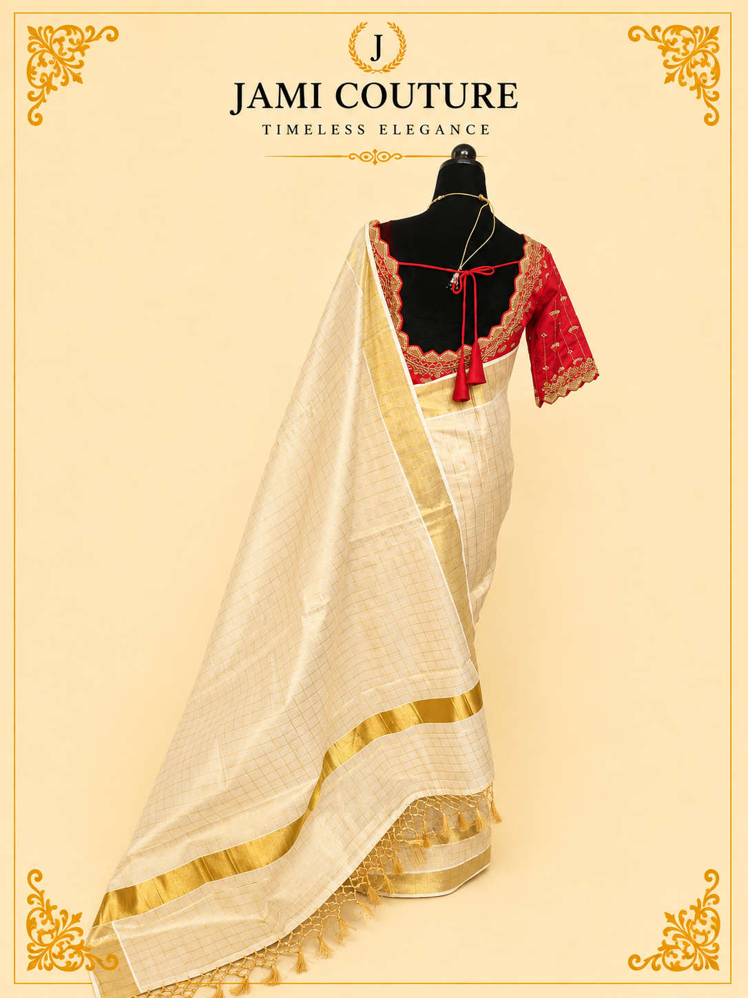 Cream & Gold Kerala Tissue Silk Saree with Zari Checks & Wide Golden Border | Premium Traditional Saree