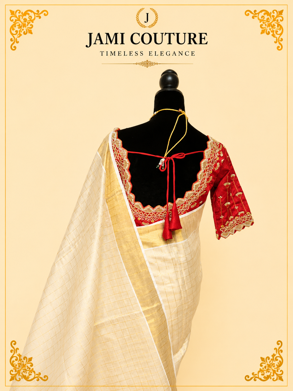 Cream & Gold Kerala Tissue Silk Saree with Zari Checks & Wide Golden Border | Premium Traditional Saree