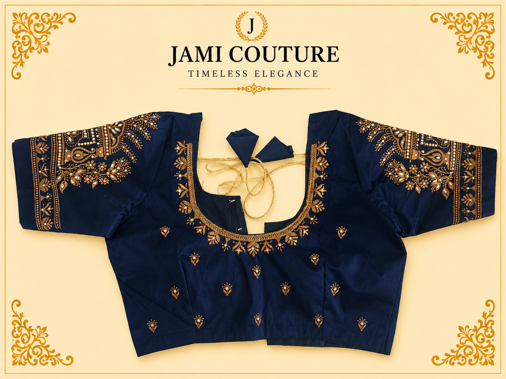 Navy Blue Heavy Roman Silk Readymade Blouse with Maggam Bead Embroidery | Ready-to-Wear Bridal Saree Blouse