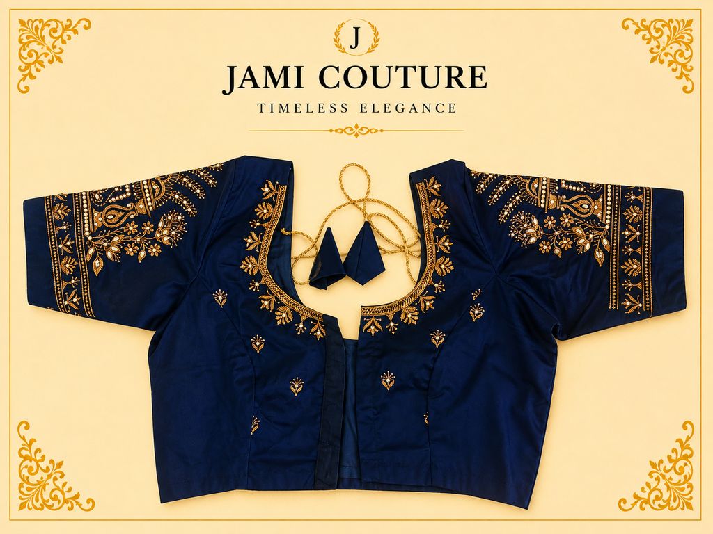 Navy Blue Heavy Roman Silk Readymade Blouse with Maggam Bead Embroidery | Ready-to-Wear Bridal Saree Blouse