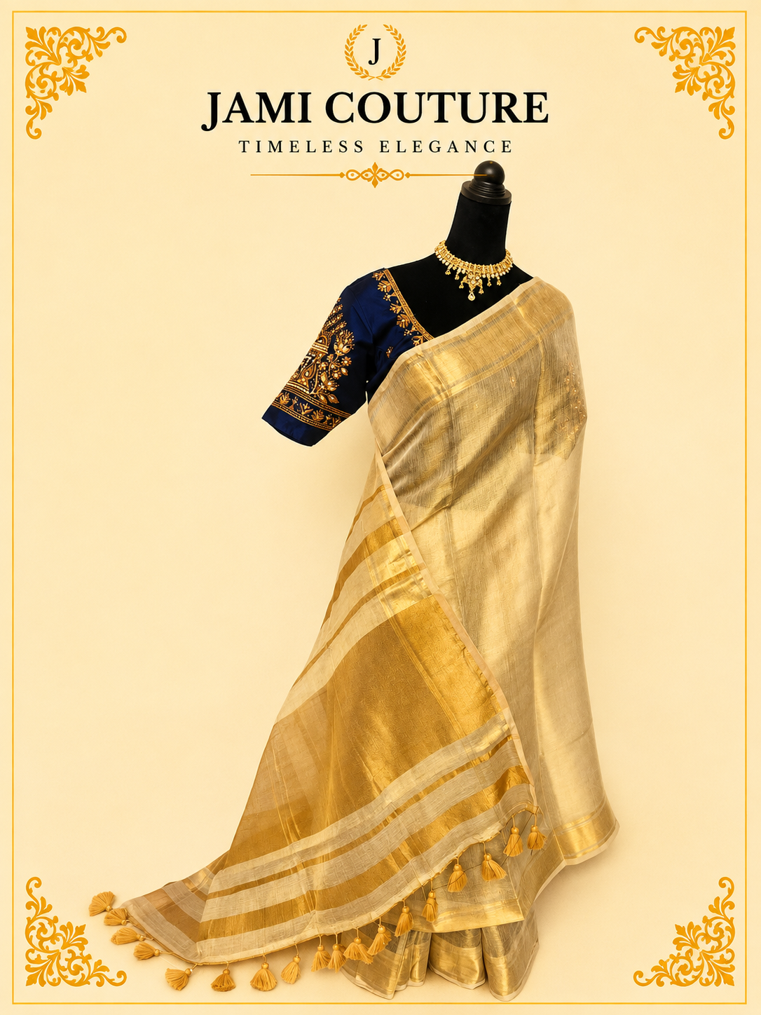 Golden Kadhi Tissue Silk Saree with Wide Zari Border & Tasseled Pallu | Premium Traditional Saree