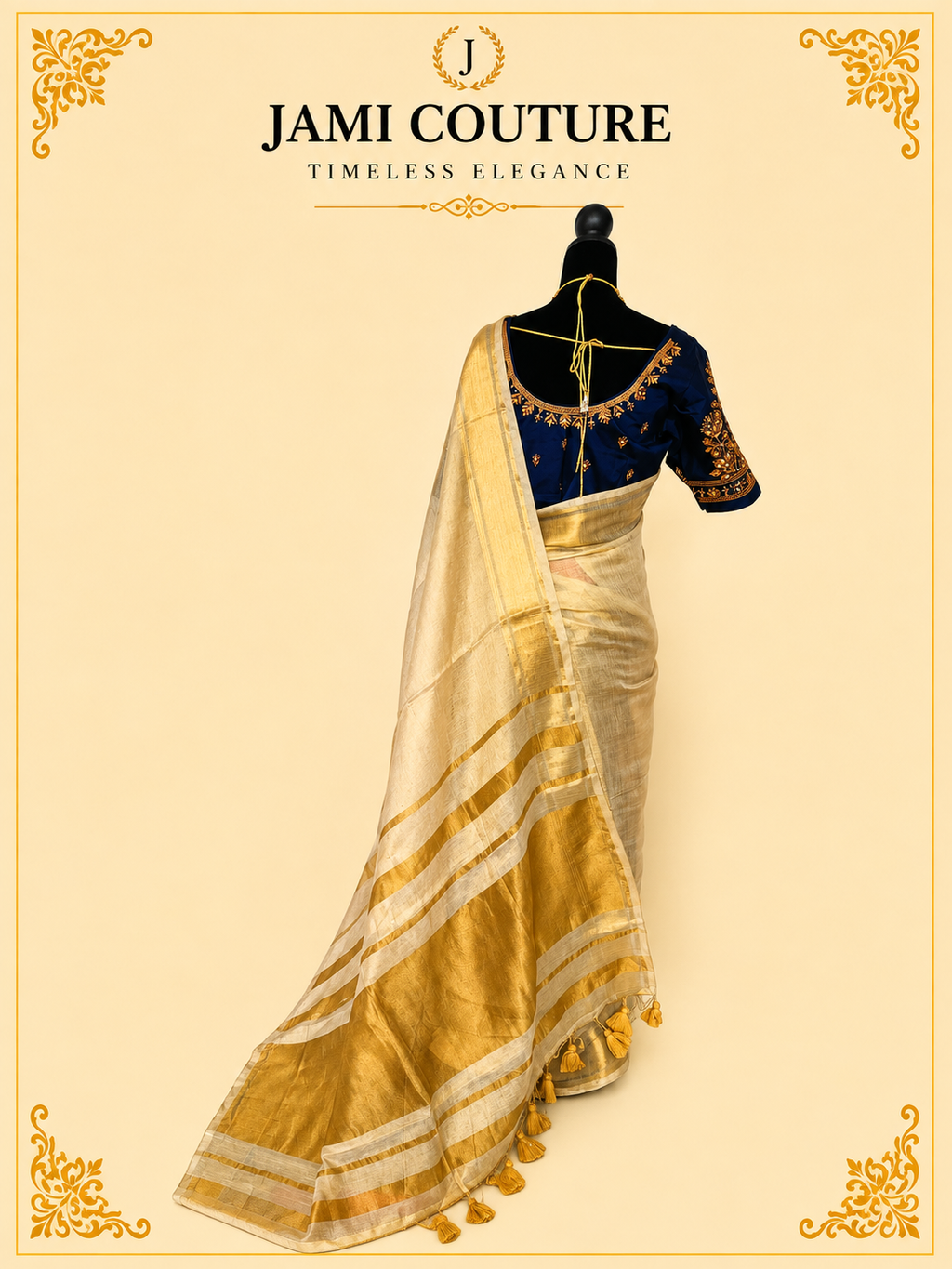 Golden Kadhi Tissue Silk Saree with Wide Zari Border & Tasseled Pallu | Premium Traditional Saree