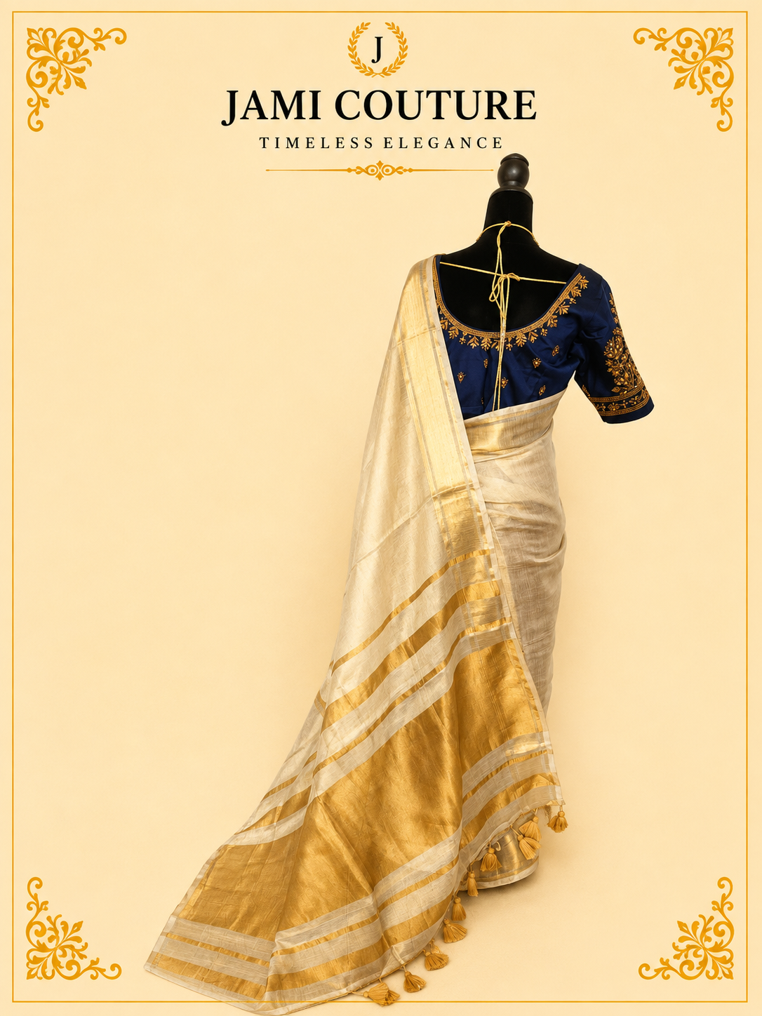 Golden Kadhi Tissue Silk Saree with Wide Zari Border & Tasseled Pallu | Premium Traditional Saree