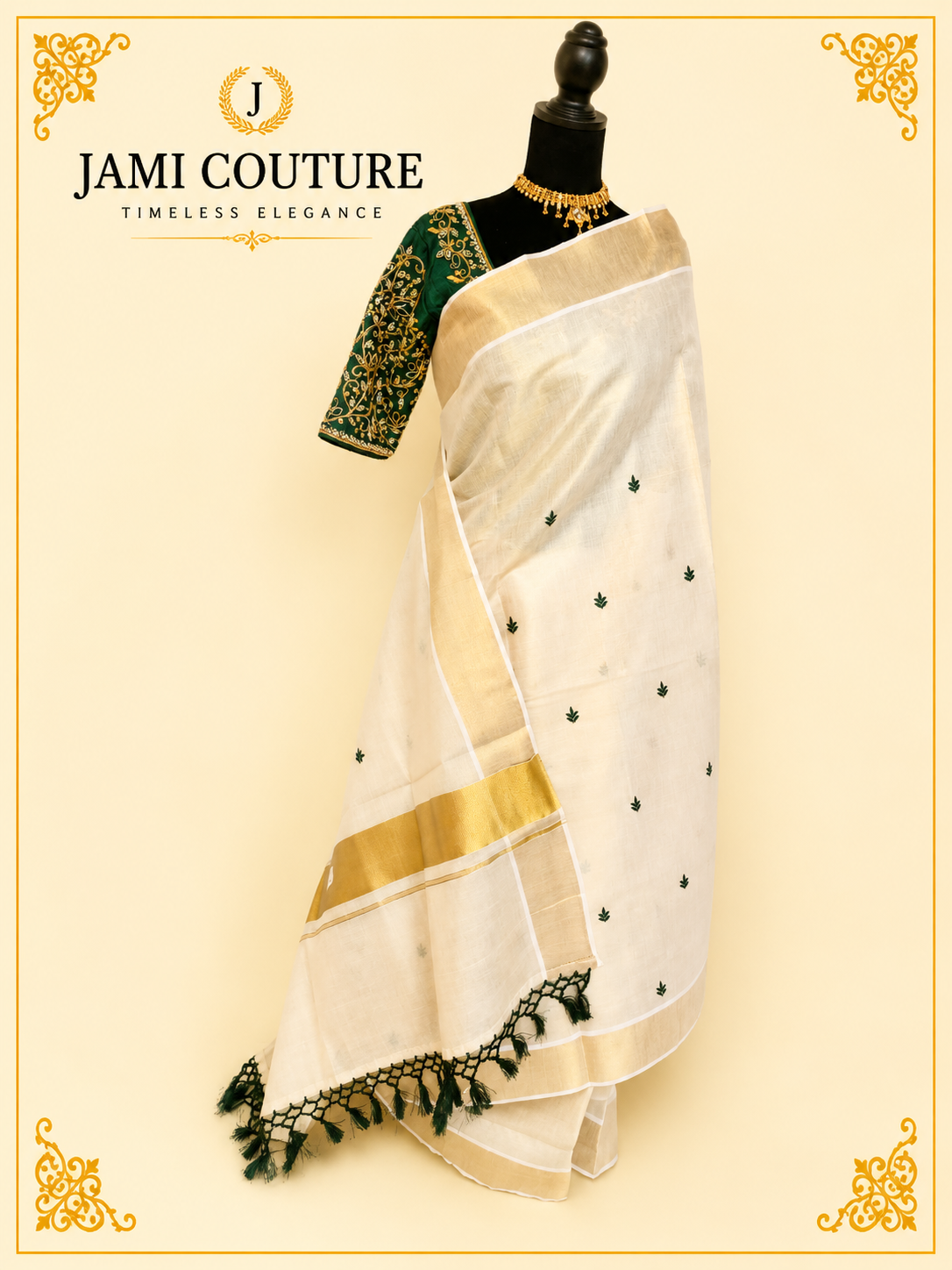 Cream & Gold Kerala Tissue Silk Saree with Green Leaf Buti & Zari Border | Premium Traditional Saree