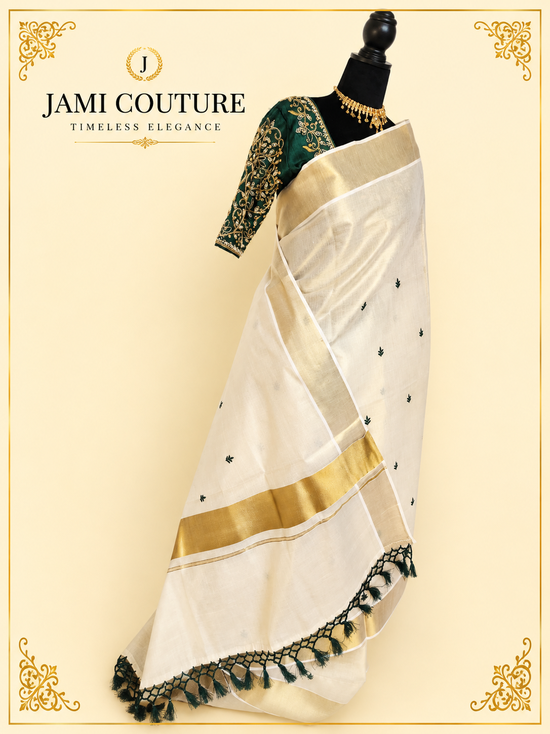 Cream & Gold Kerala Tissue Silk Saree with Green Leaf Buti & Zari Border | Premium Traditional Saree