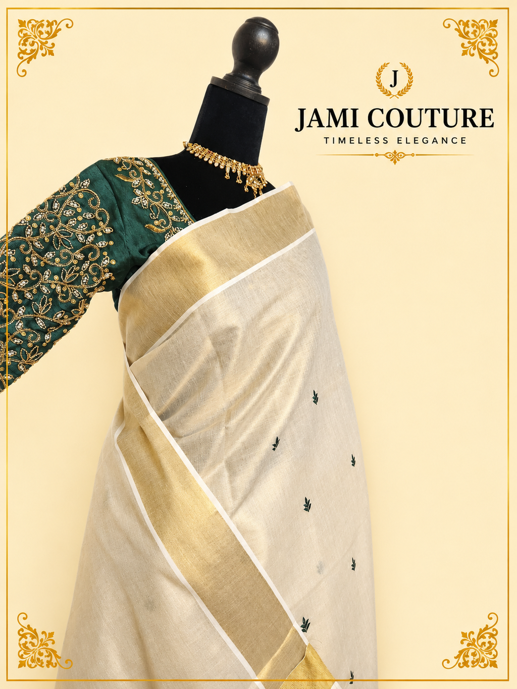 Cream & Gold Kerala Tissue Silk Saree with Green Leaf Buti & Zari Border | Premium Traditional Saree