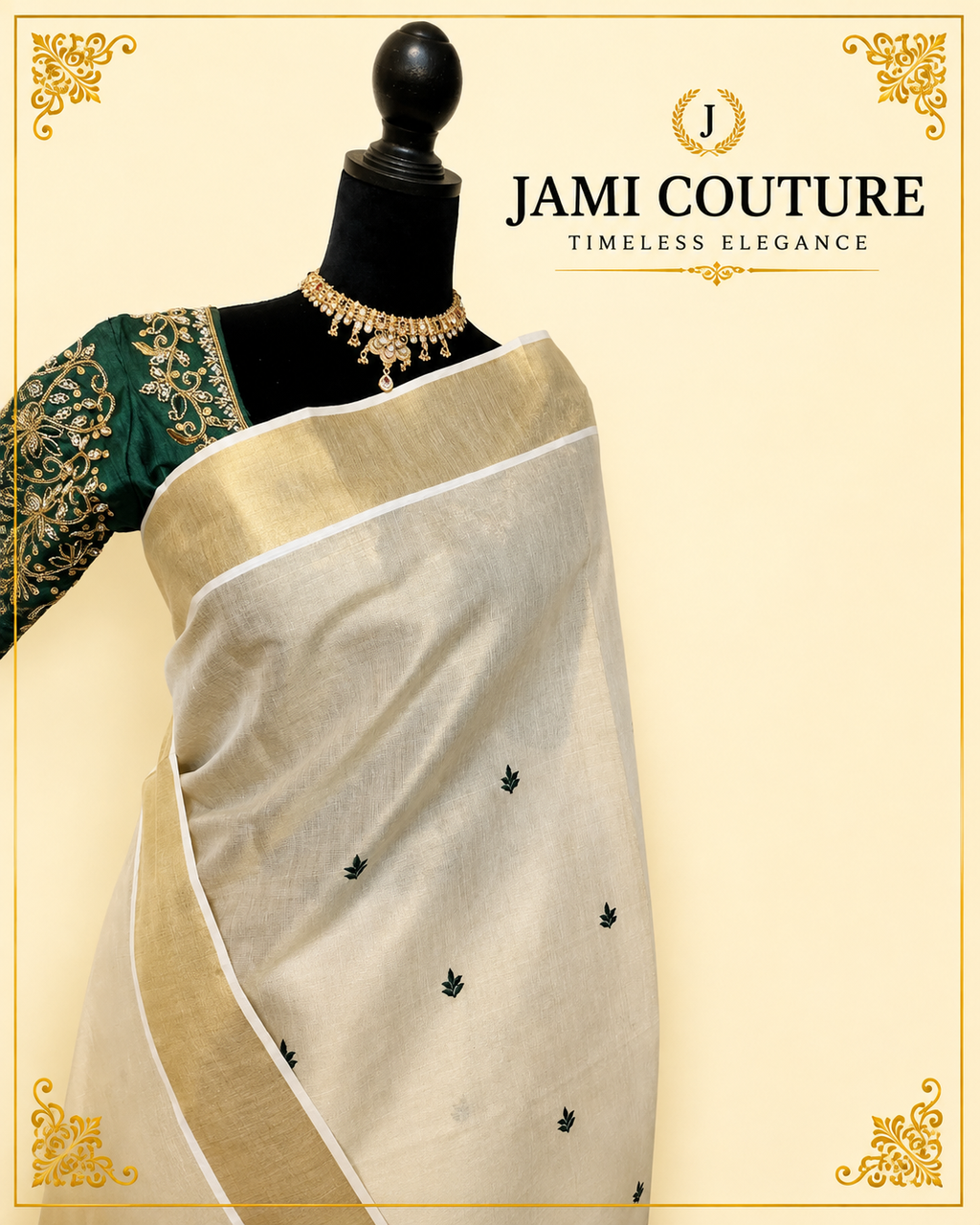 Cream & Gold Kerala Tissue Silk Saree with Green Leaf Buti & Zari Border | Premium Traditional Saree