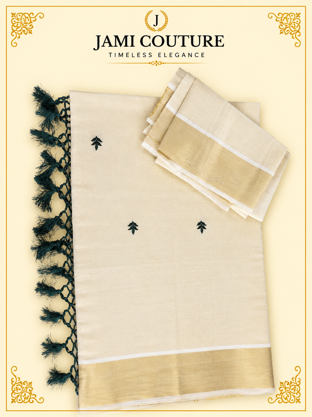 Cream & Gold Kerala Tissue Silk Saree with Green Leaf Buti & Zari Border | Premium Traditional Saree