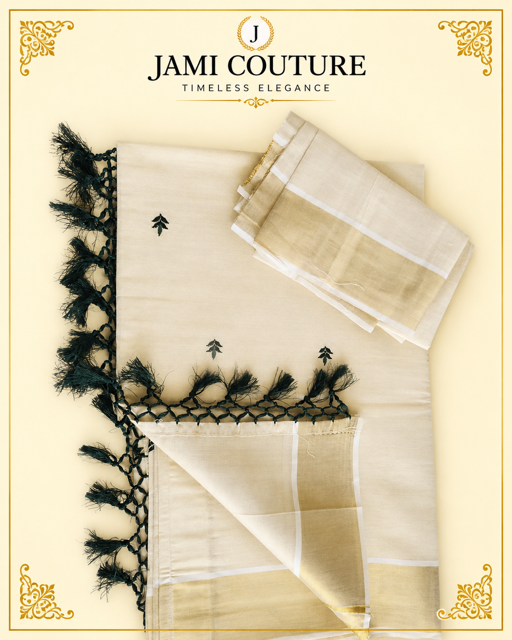 Cream & Gold Kerala Tissue Silk Saree with Green Leaf Buti & Zari Border | Premium Traditional Saree