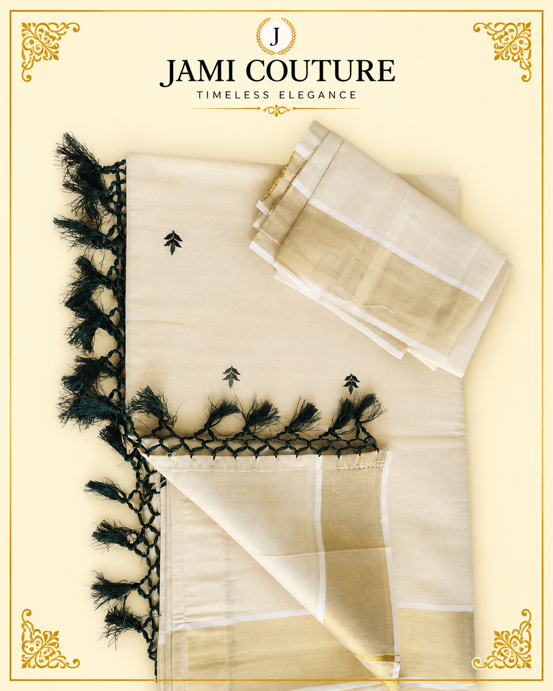 Cream & Gold Kerala Tissue Silk Saree with Green Leaf Buti & Zari Border | Premium Traditional Saree
