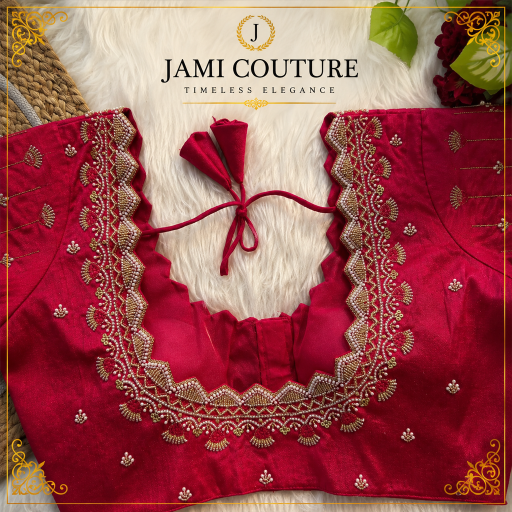 Rani Pink Heavy Roman Silk Readymade Blouse with Maggam Bead Embroidery | Ready-to-Wear Bridal Saree Blouse