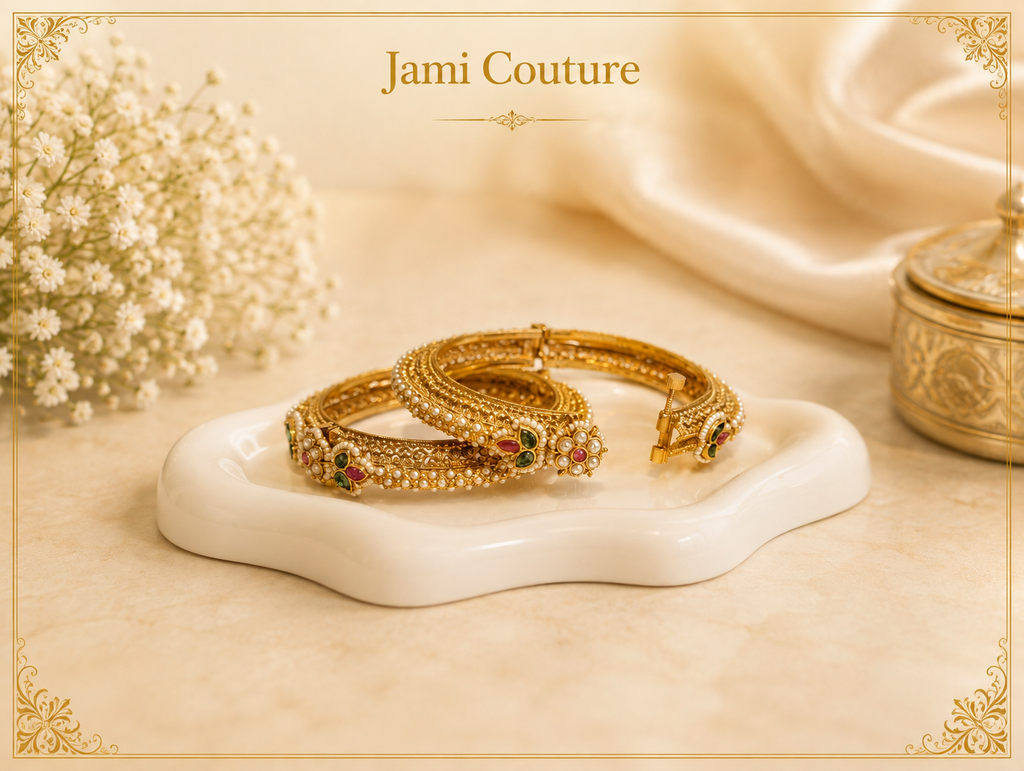 Antique Gold Pearl Openable Bangles with Ruby & Emerald Floral Motifs | Traditional Temple Jewelry (Set of 2)