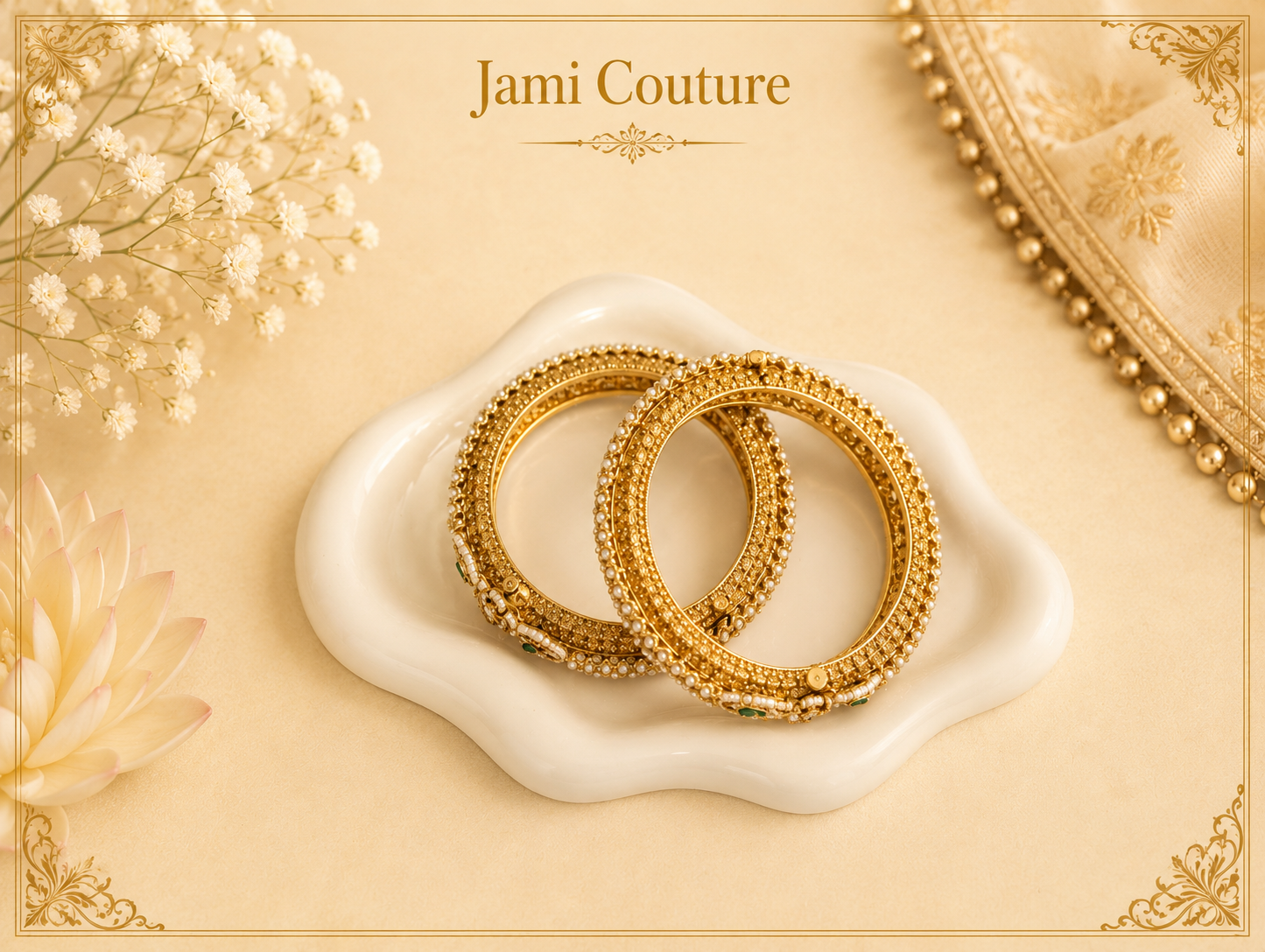 Antique Gold Pearl Openable Bangles with Ruby & Emerald Floral Motifs | Traditional Temple Jewelry (Set of 2)