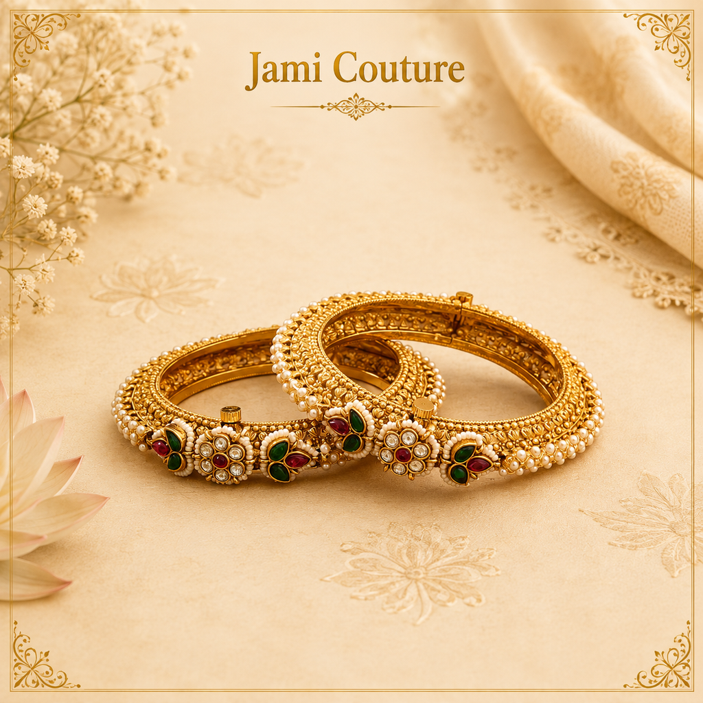 Antique Gold Pearl Openable Bangles with Ruby & Emerald Floral Motifs | Traditional Temple Jewelry (Set of 2)