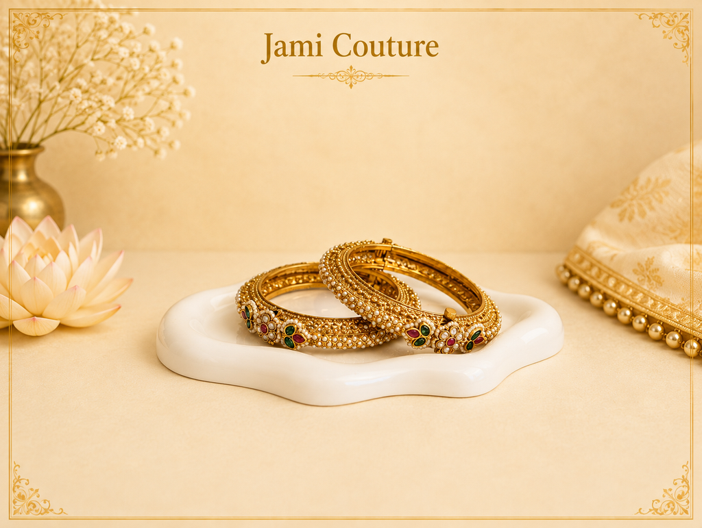 Antique Gold Pearl Openable Bangles with Ruby & Emerald Floral Motifs | Traditional Temple Jewelry (Set of 2)