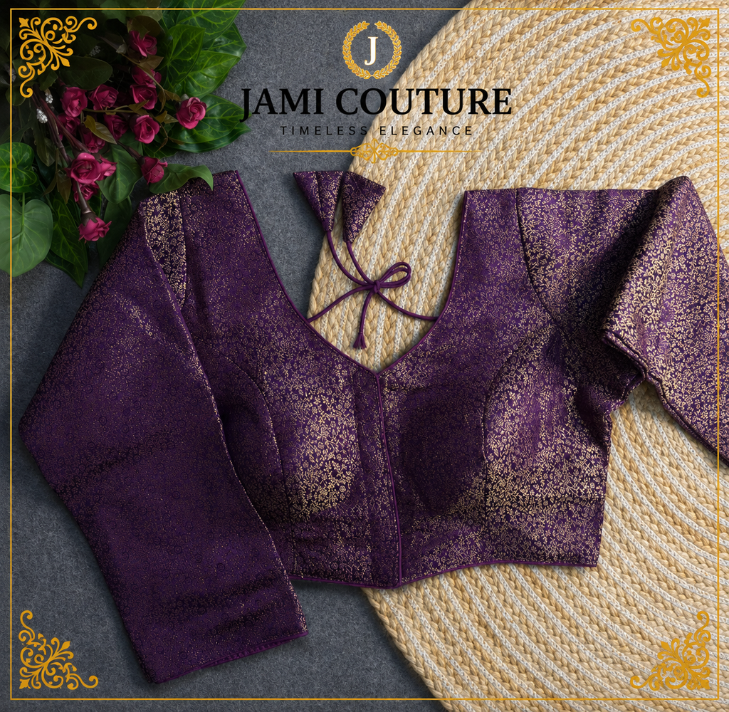 Purple & Gold Mina Jari Silk Readymade Blouse with Long Sleeves | Ready-to-Wear Saree Blouse