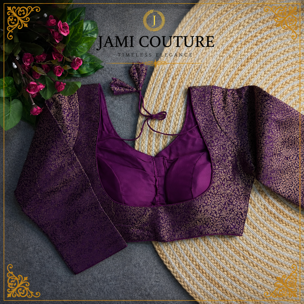 Purple & Gold Mina Jari Silk Readymade Blouse with Long Sleeves | Ready-to-Wear Saree Blouse