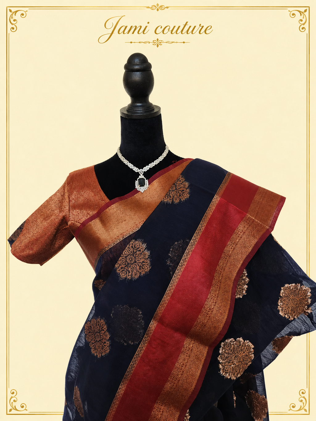 Navy Blue Jute Linen Saree with Copper Floral Motifs & Red Contrast Border | Copper Zari Stitched Blouse