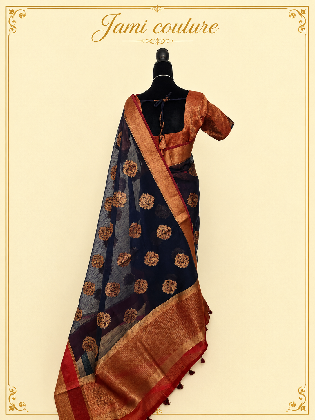 Navy Blue Jute Linen Saree with Copper Floral Motifs & Red Contrast Border | Copper Zari Stitched Blouse