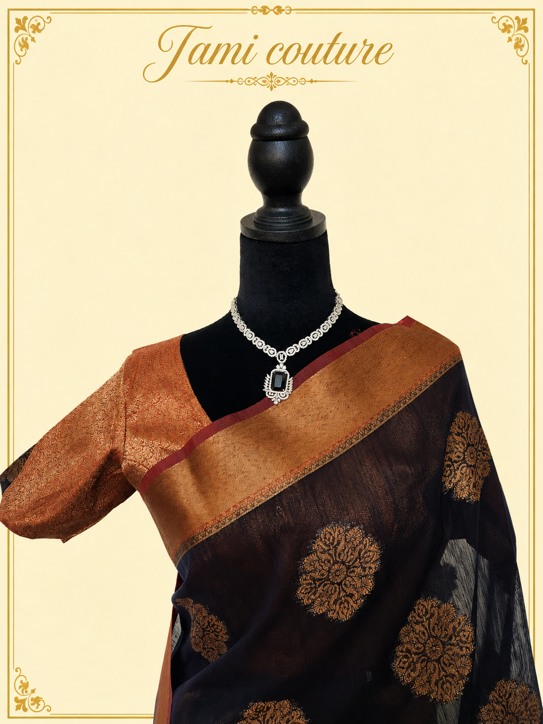 Navy Blue Jute Linen Saree with Copper Floral Motifs & Red Contrast Border | Copper Zari Stitched Blouse
