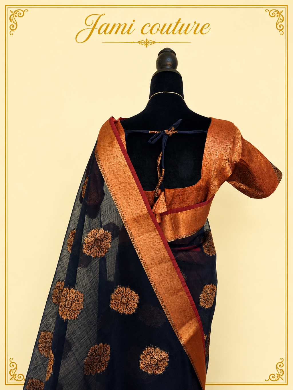 Navy Blue Jute Linen Saree with Copper Floral Motifs & Red Contrast Border | Copper Zari Stitched Blouse