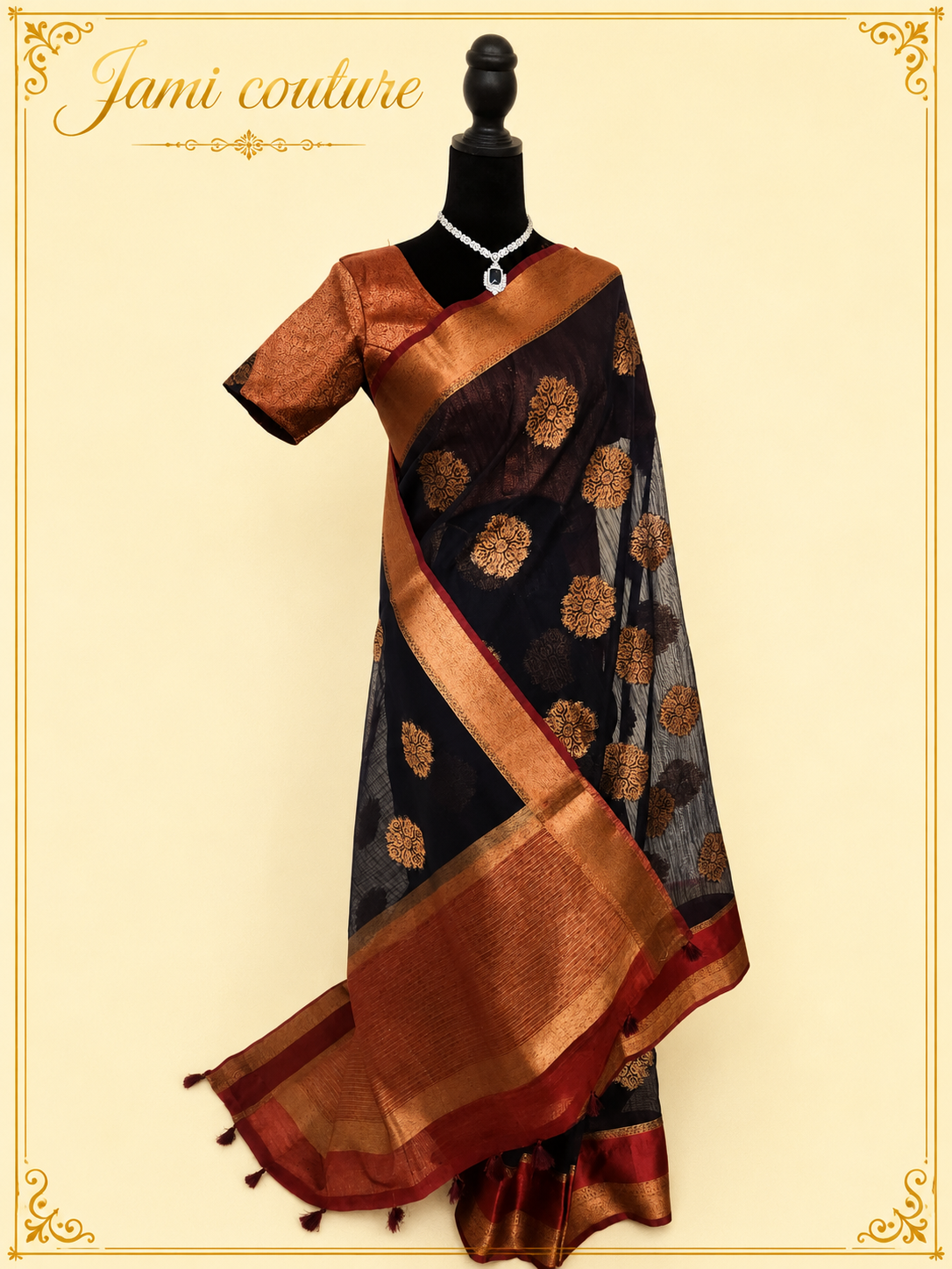 Navy Blue Jute Linen Saree with Copper Floral Motifs & Red Contrast Border | Copper Zari Stitched Blouse