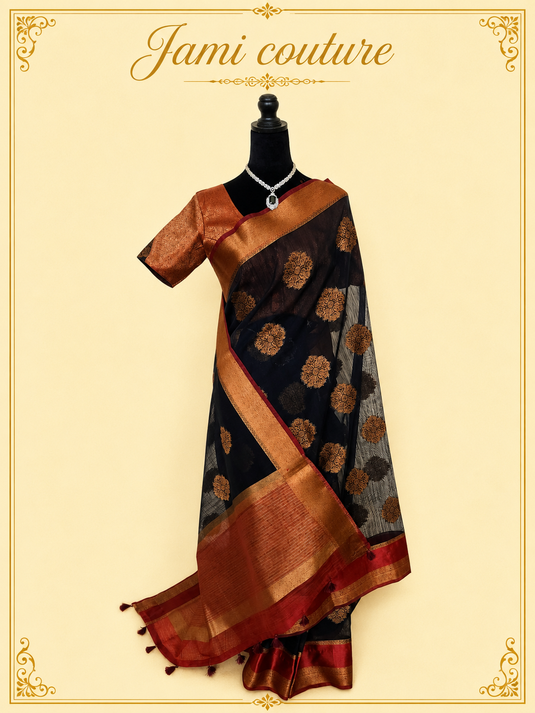 Navy Blue Jute Linen Saree with Copper Floral Motifs & Red Contrast Border | Copper Zari Stitched Blouse