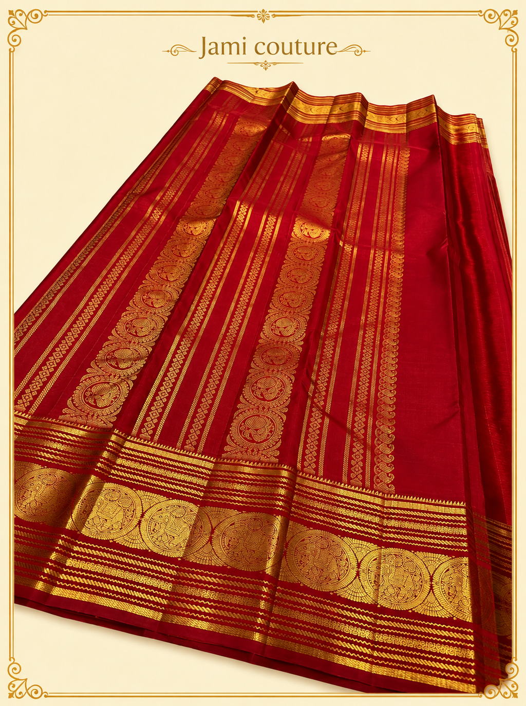 Red Banarasi Soft Silk Saree with Gold Zari Peacock Border | Matching Stitched Blouse