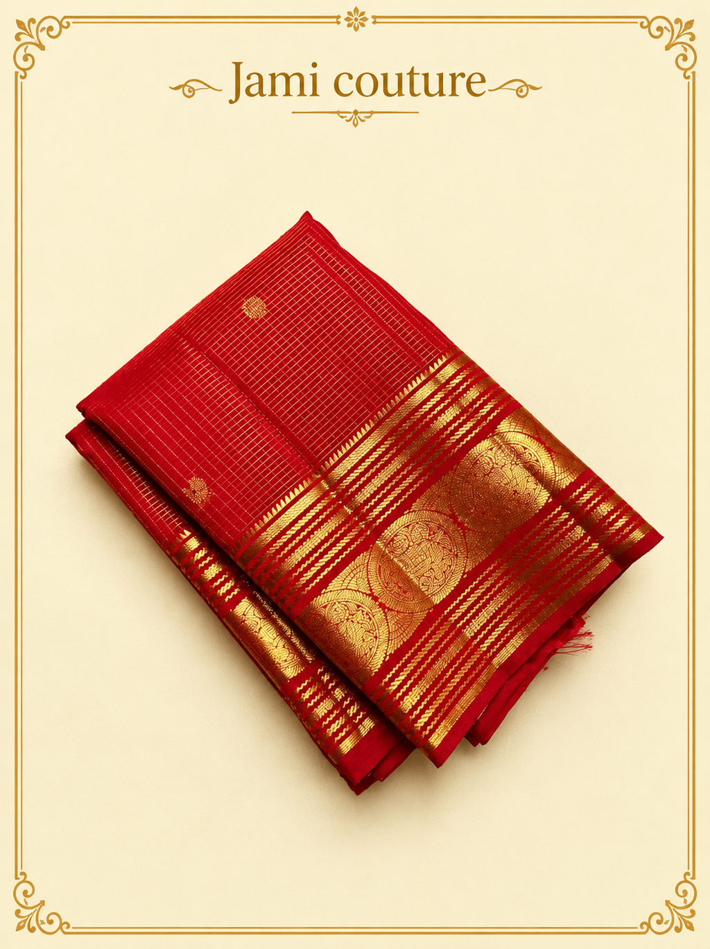 Red Banarasi Soft Silk Saree with Gold Zari Peacock Border | Matching Stitched Blouse