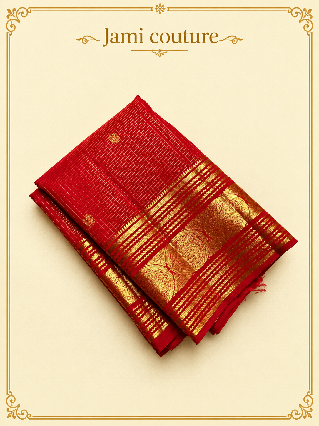 Red Banarasi Soft Silk Saree with Gold Zari Peacock Border | Matching Stitched Blouse