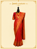Red Banarasi Soft Silk Saree with Gold Zari Peacock Border | Matching Stitched Blouse