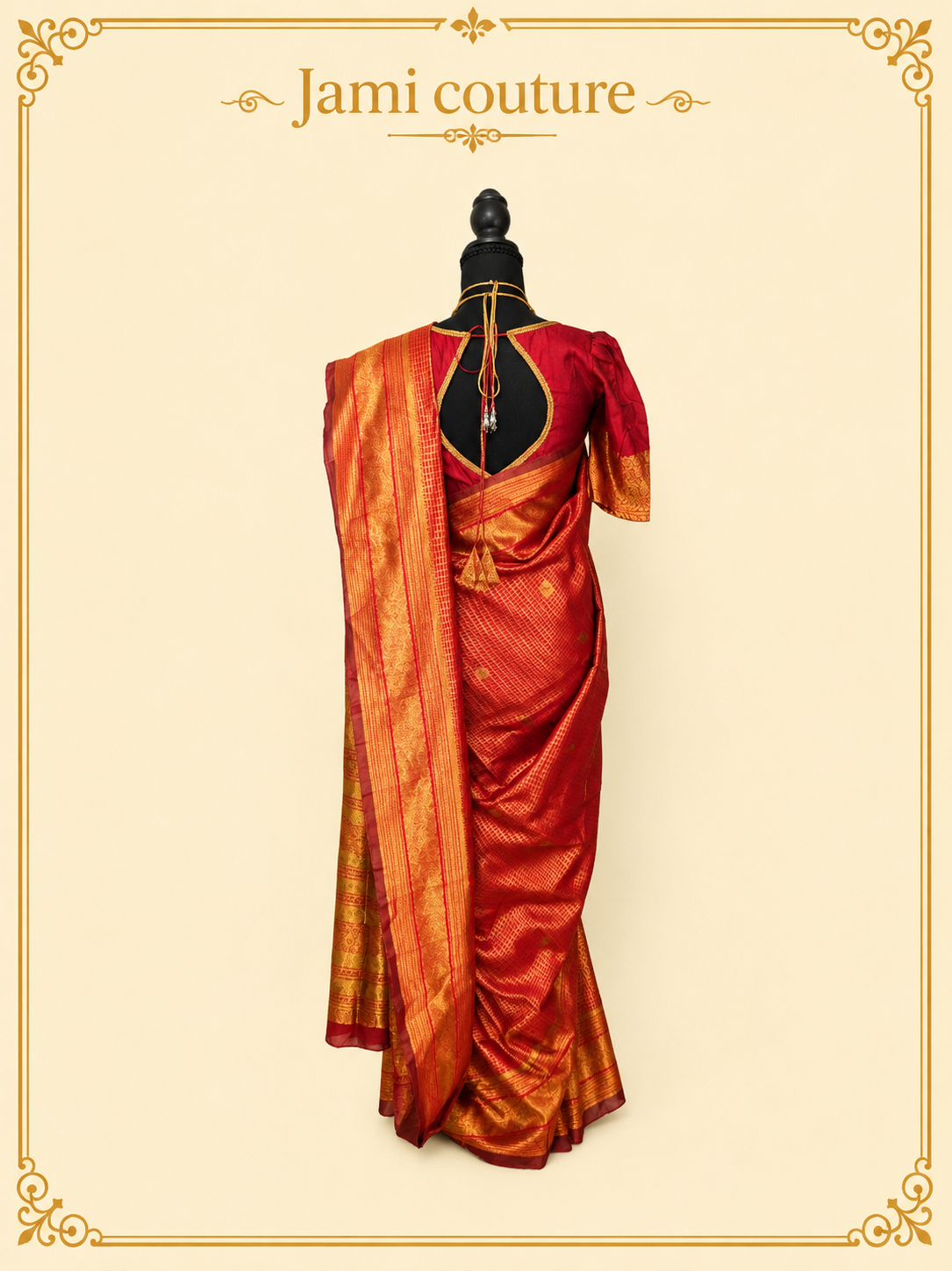 Red Banarasi Soft Silk Saree with Gold Zari Peacock Border | Matching Stitched Blouse