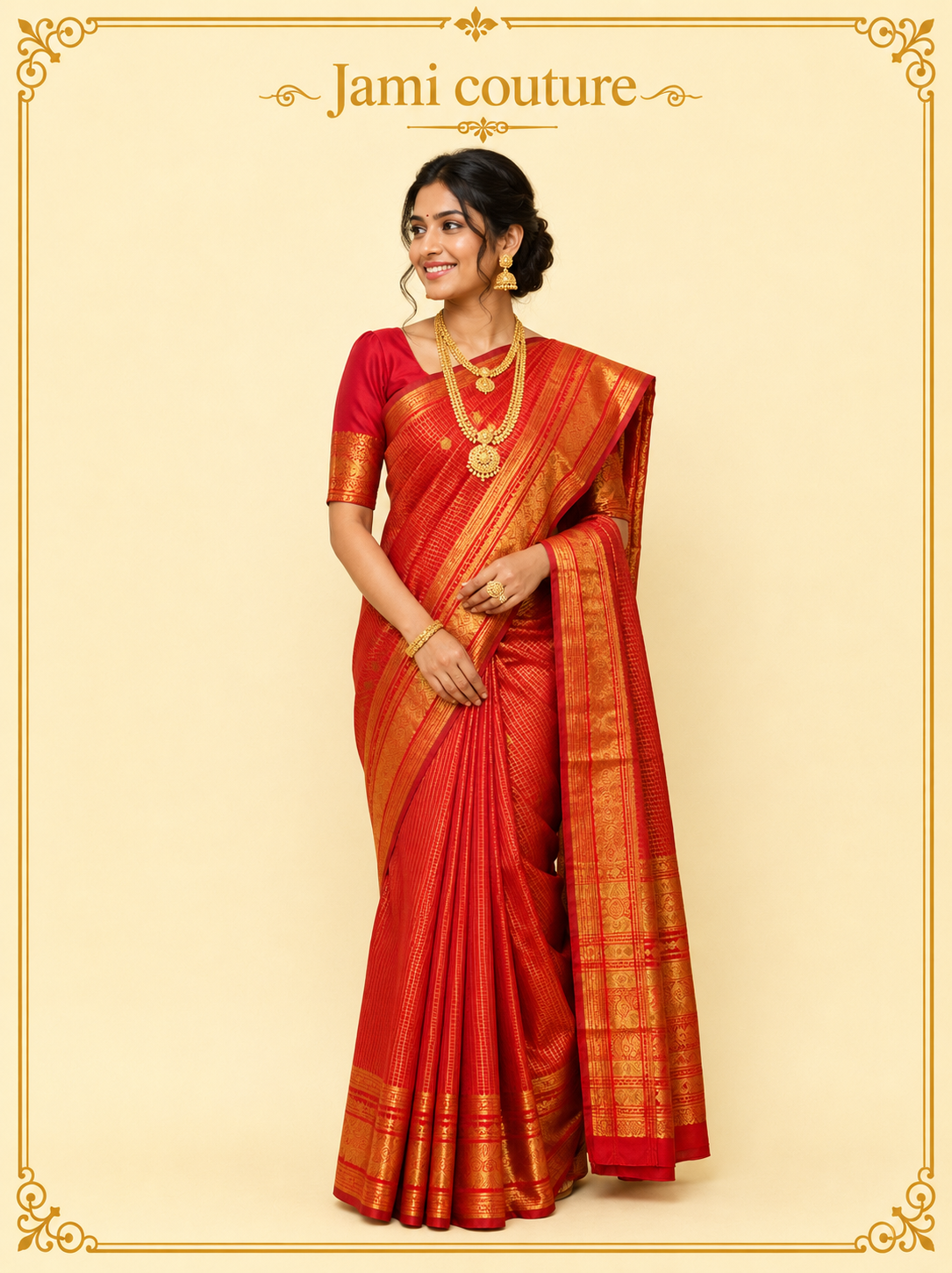Red Banarasi Soft Silk Saree with Gold Zari Peacock Border | Matching Stitched Blouse